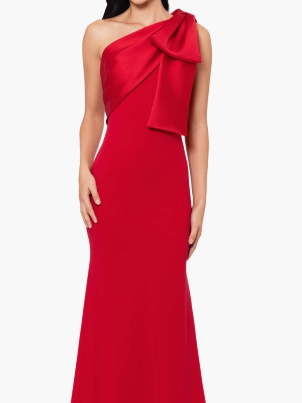 Betsy & Adam Red Bow One-Shoulder Crepe Mermaid Gown Size 8 NEW 70%OFF